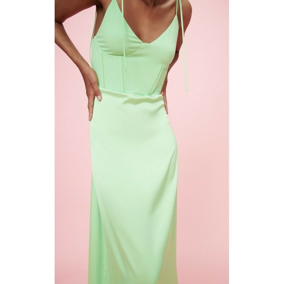 ZARA // key lime long satin bustier maxi dress - Picture 2 of 16
